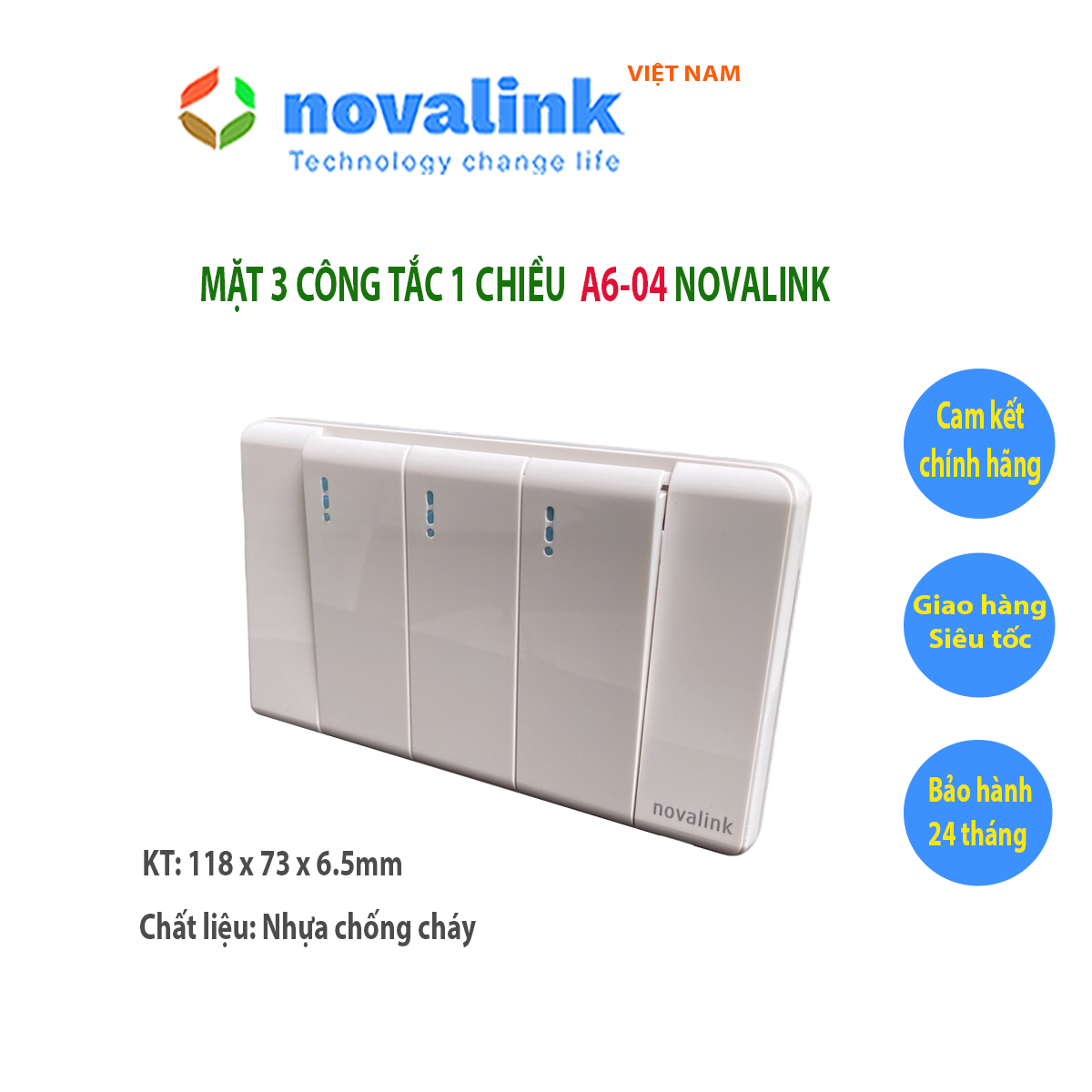 Mặt 3 công tắc 1 chiều A6-04 Novalink chính hãng.