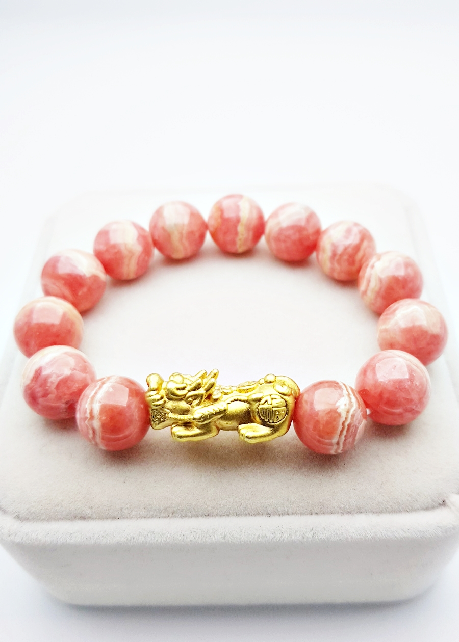 Vòng Tay Tỳ Hưu Đá Đào Hoa Rhodochrosite Tự Nhiên 14mm