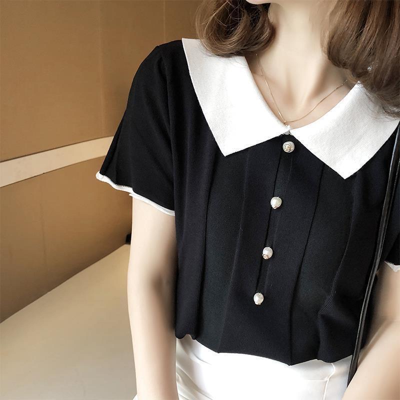 MS566 Áo len nữ cộc tay cổ bẻ phối màu đen trắng