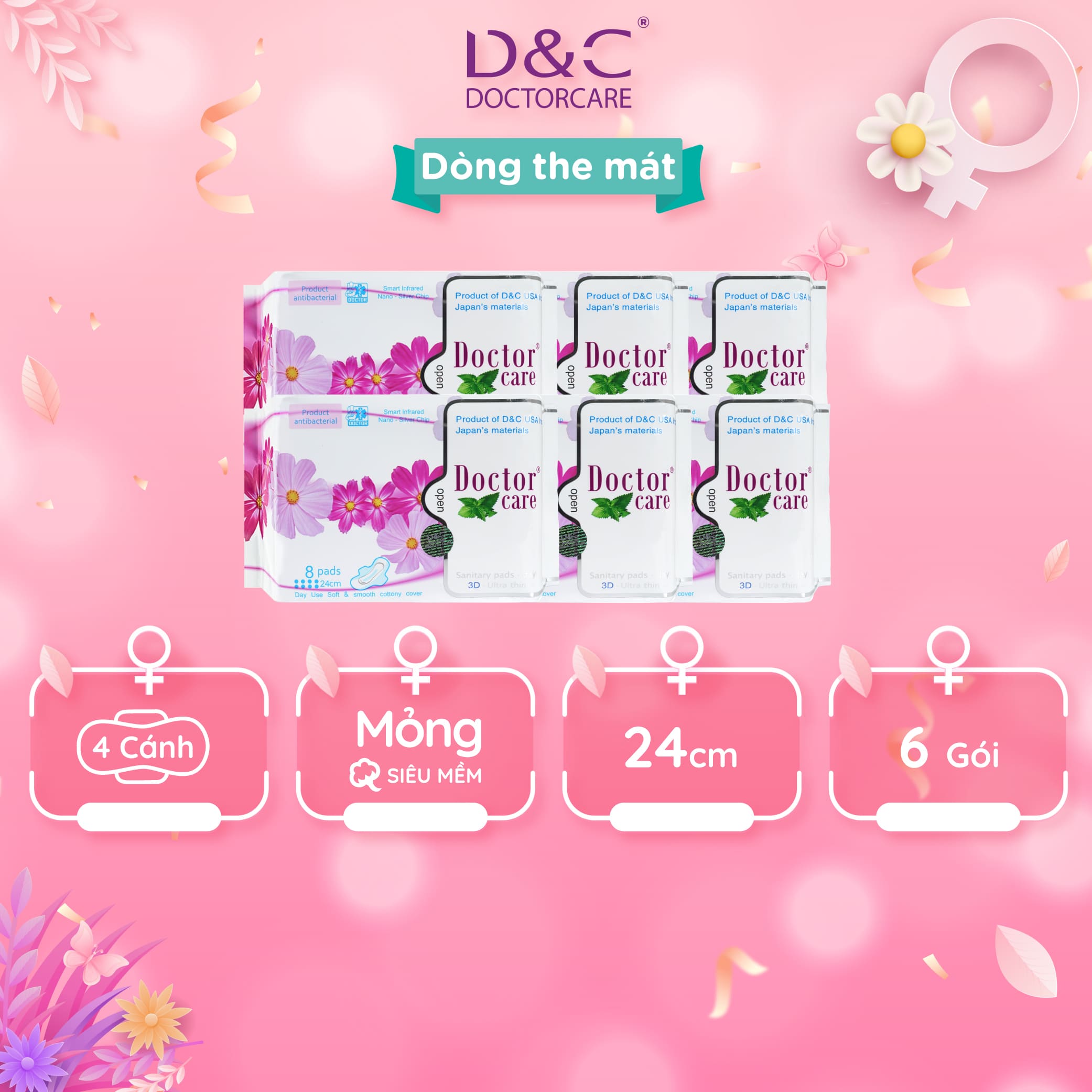 Combo 6 Băng vệ sinh thảo dược Doctor Care, BVS ban ngày 24cm siêu khô thoáng cả ngày dài