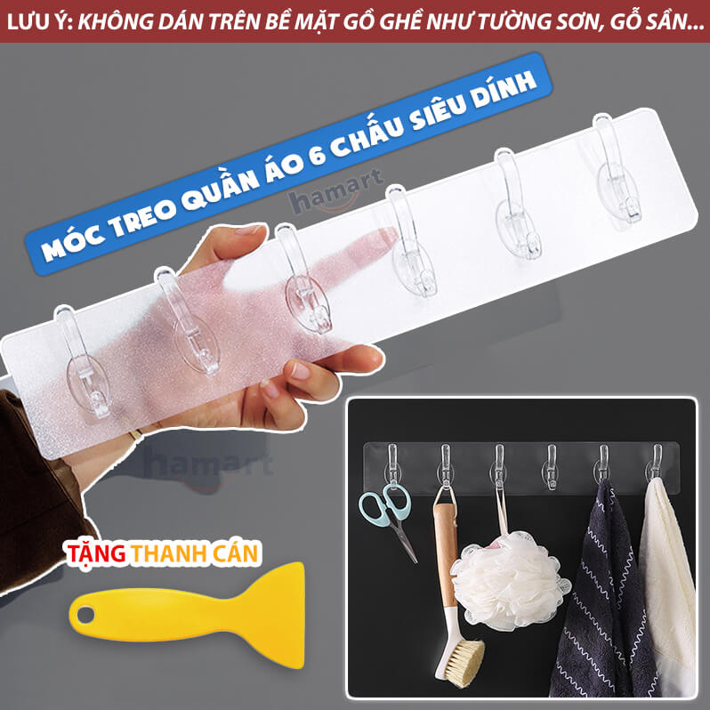 Móc Treo Quần Áo Dán Tường Tường 6 Nhánh Treo Khăn Phòng Tắm Nhà Bếp Đa Năng Siêu Dính Chịu Tải Lớn TẶNG Thanh Cán