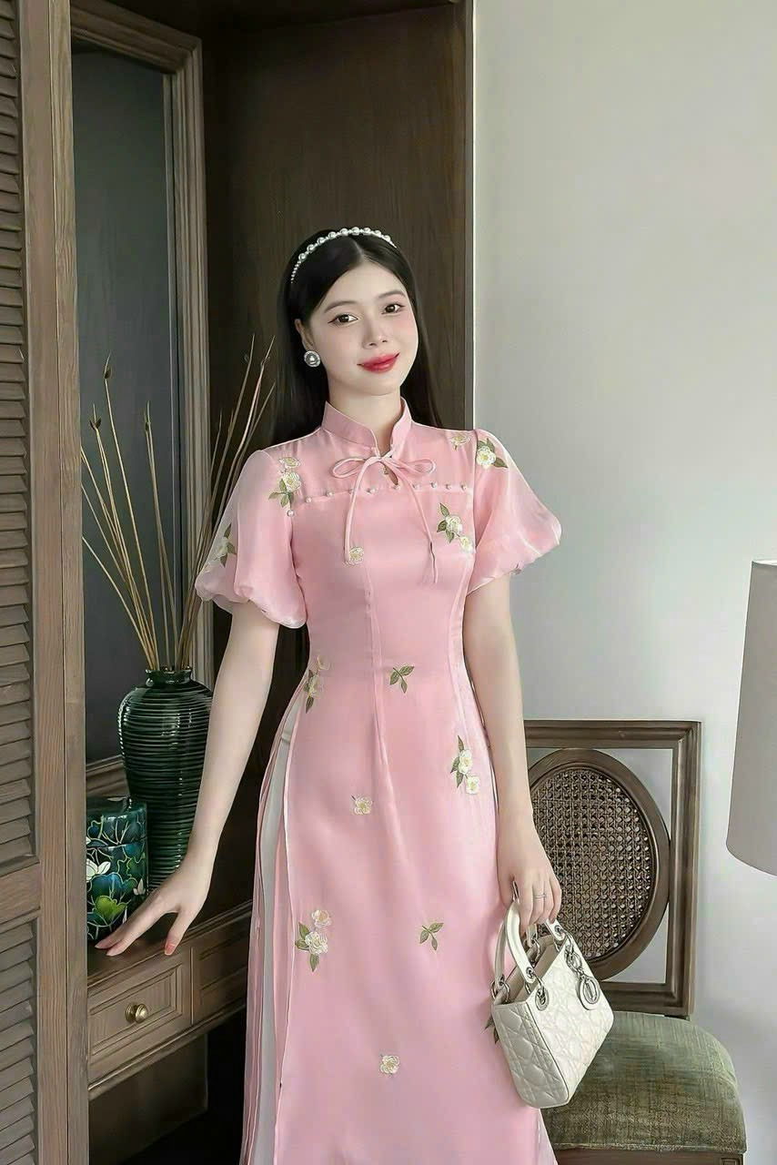 ÁO DÀI THÊU HOA VOAN VÀ QUẦN DÀI TRẮNG