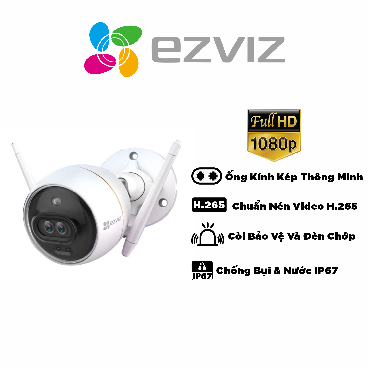 Camera EZVIZ C3X 1080P, WIFI, Chống Nước IP67, Ghi Gình Ban Đêm Có Màu, Tích Hợp AI, Chuẩn Nén Video H.265 - Hàng Chính Hãng