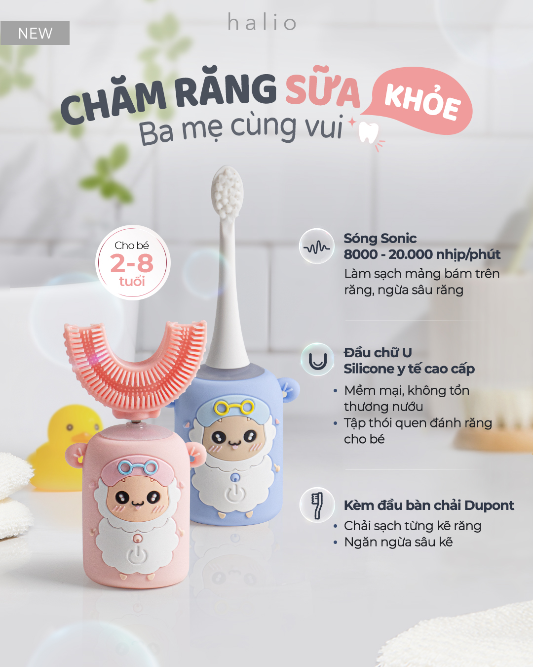 Combo Bàn Chải Đánh Răng Điện Chữ U Cho Bé Pink và Bàn chải điện Halio Periwinkle