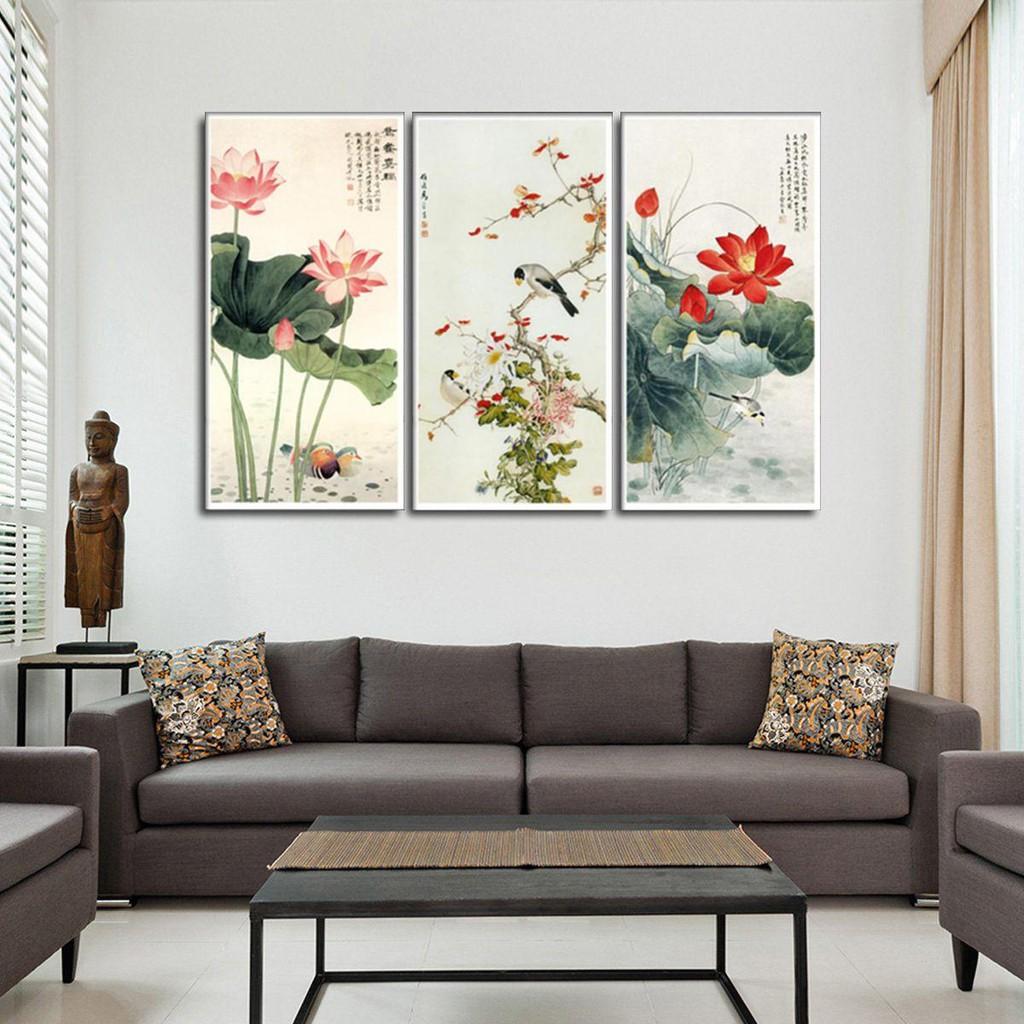Bộ 3 Tranh Treo Tường Phong Thuỷ Hoa Sen, Liên Hoa Trước Gió CV18