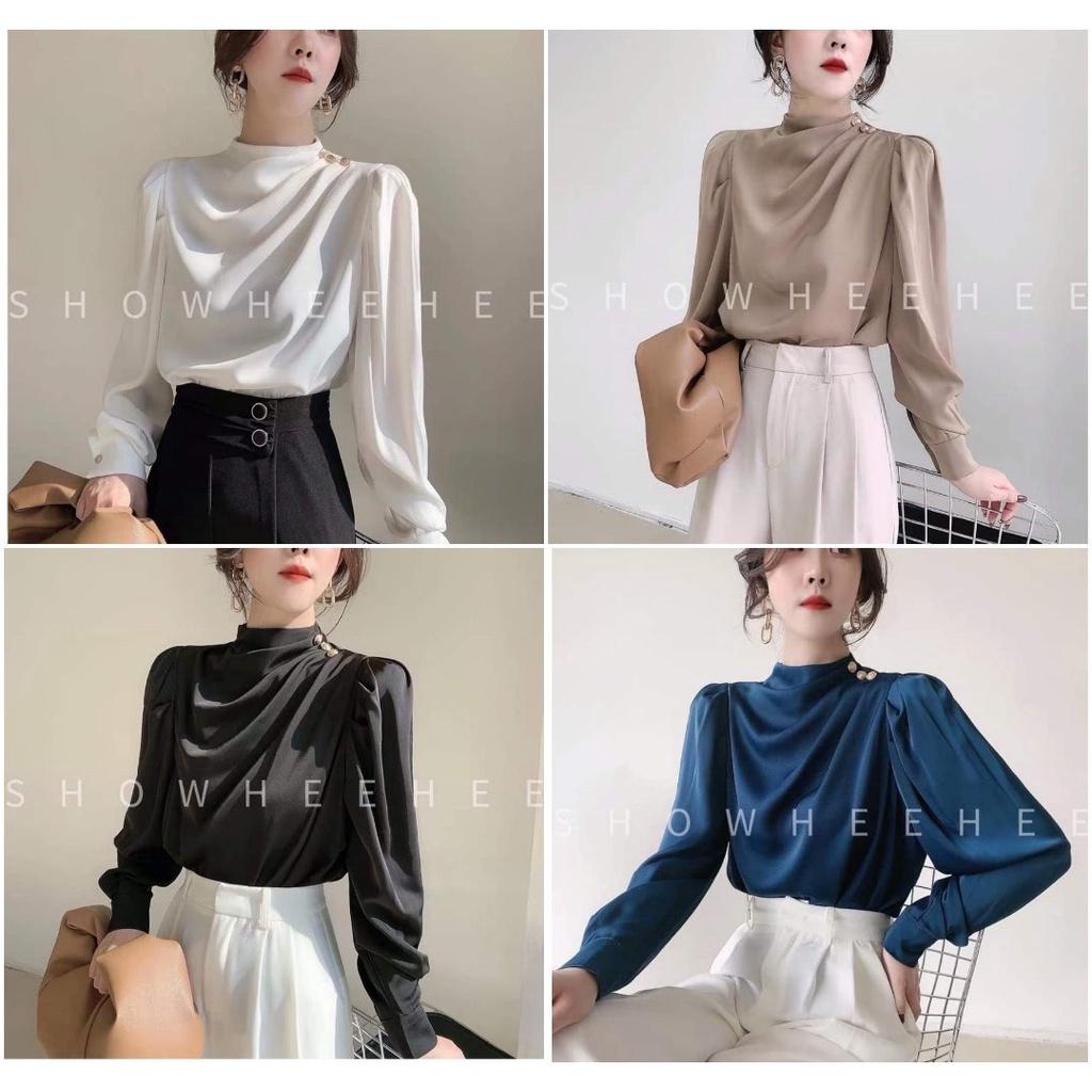 Áo sơ mi nữ công sở thời trang SURI lụa latin dài tay,thiết kế hiện đaị,cổ cách điệu,vai đính cúc ngọc