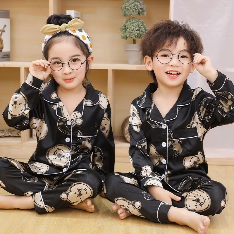 Bộ Pijama Lụa Dài Tay Cho Bé Từ 6-28kg MOON HOUSE, Bộ Lụa Họa Tiết Gấu Cho Bé Trai Và Bé Gái Mặc Nhà Cực Yêu