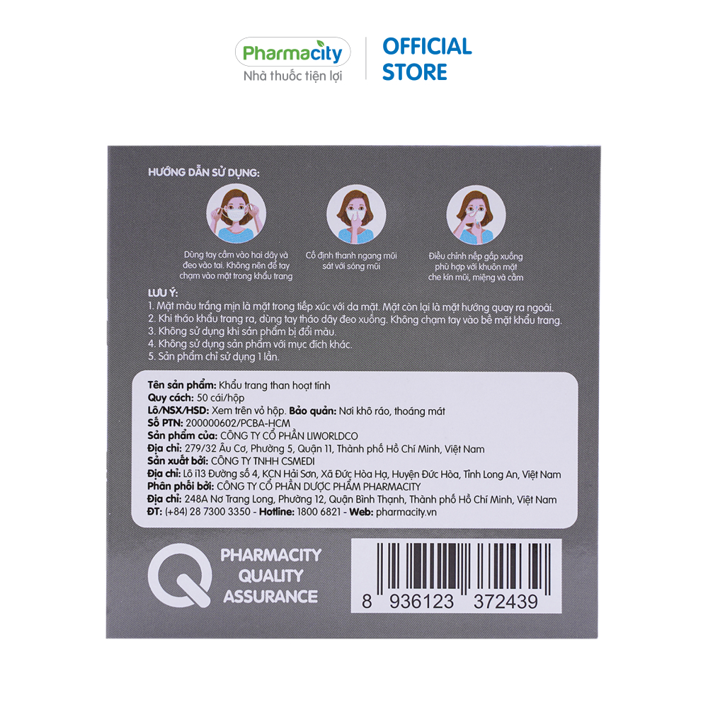 Khẩu trang y tế 4 lớp than hoạt tính Pharmacity lọc khuẩn trên 99%