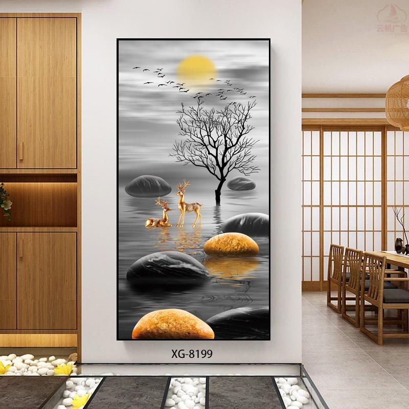 Tranh Tráng Gương Pha Lê Treo Tường Phòng Khách - Tranh Đơn Cặp Hươu Bên Hồ