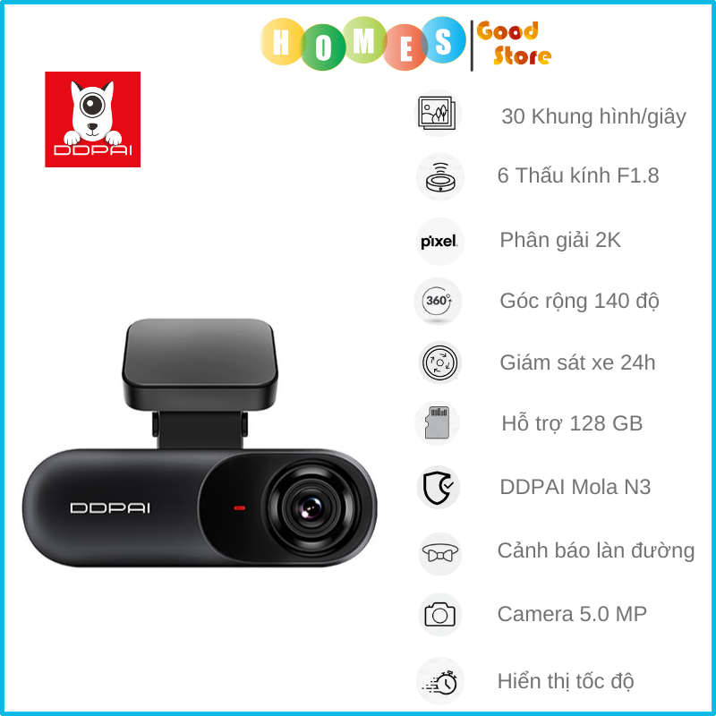 Camera Hành Trình Ô Tô DDPAI Dash Cam Mola N3 Không GPS, Độ Phân Giải 2K, Cảnh Báo Làn Đường, Giám Sát 24 Giờ, Hiển Thị Tốc Độ, Hỗ Trợ Bộ Nhớ 128GB - Hàng Chính Hãng