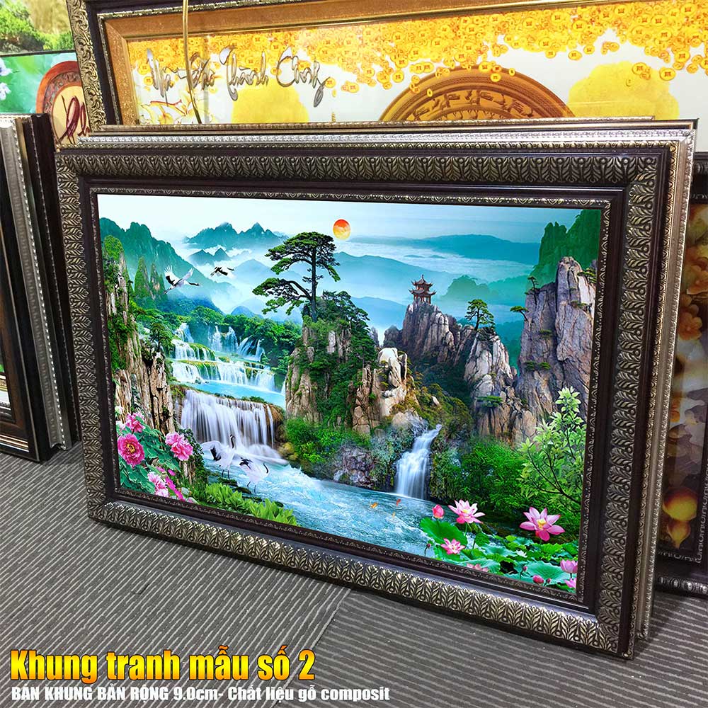 Tranh treo tường phòng khách, phòng ngủ SƠN THỦY HỮU TÌNH khung gỗ composit chất liệu pvc gương / lụa kim sa. MS:2283L9