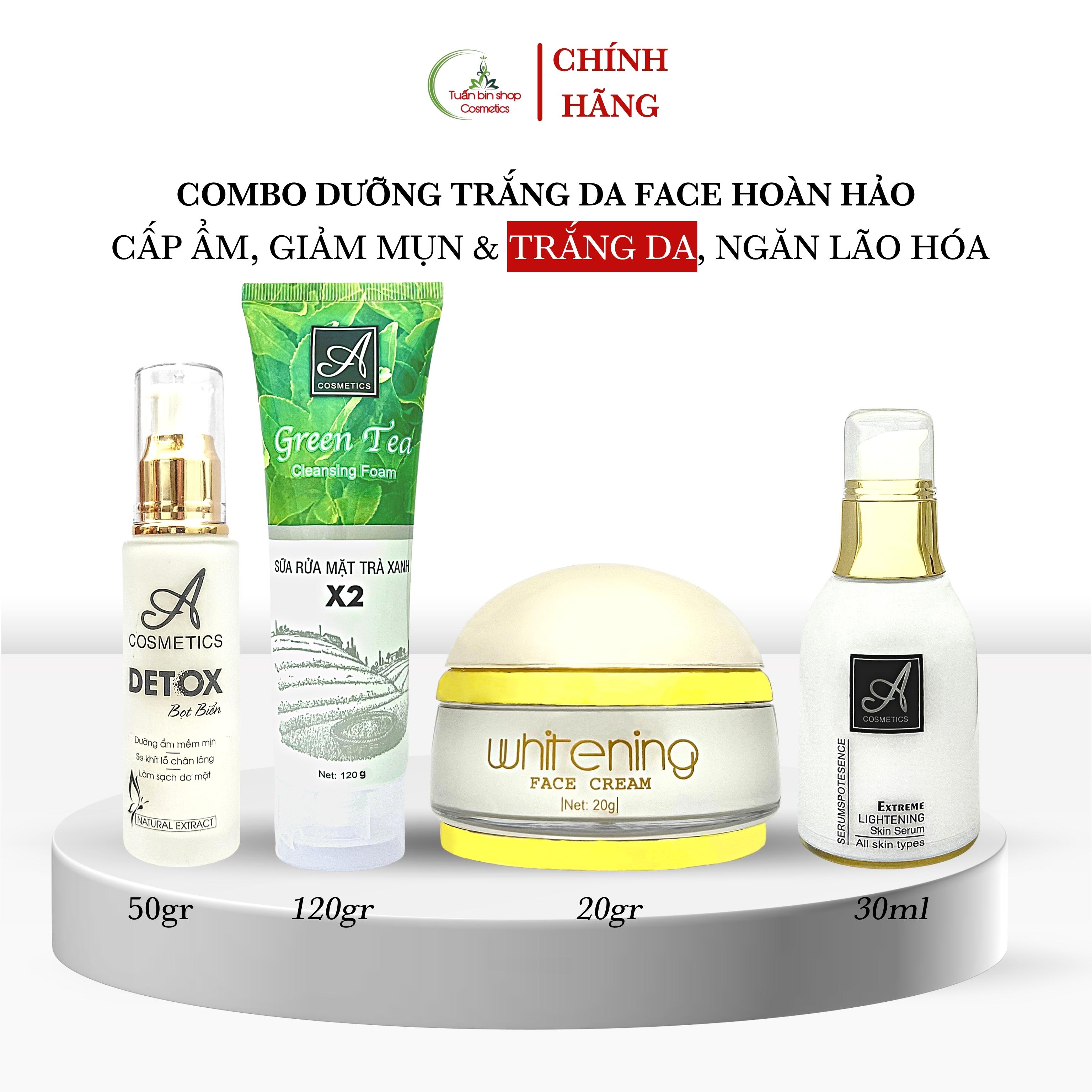 Combo dưỡng trắng da mặt hoàn hảo Acosmetics, kem face pháp, serum dưỡng ẩm, sữa rửa mặt trà xanh x2, detox bọt biển 220g