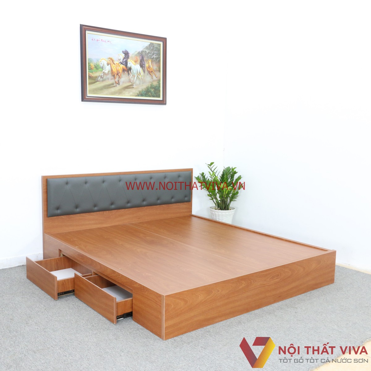Giường Ngủ Gỗ MDF Melamine Màu Xoan Đào Có Hộc Kéo + Đầu Nệm Đen Đẹp