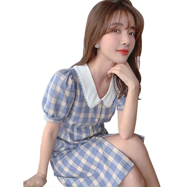 Đầm suông sọc caro xanh dương cổ bèo siêu dễ thương