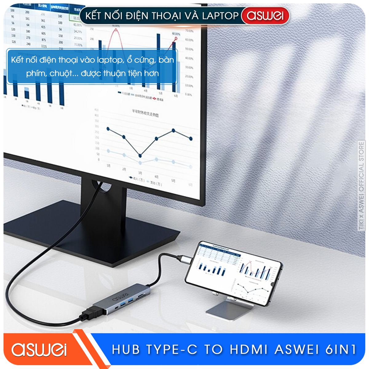 Hub Type C ASWEI 6 in 1 To HDMI, USB 3.0, SD, TF, PD 100W - Hàng Chính Hãng