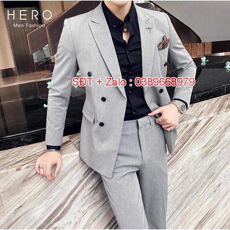 Bộ Vest Nam Hàn Quốc 6 Cúc Màu Xám, Chất Vải Sịn, Fom Dáng Đẹp, Bộ Suit Nam 6 Khuy