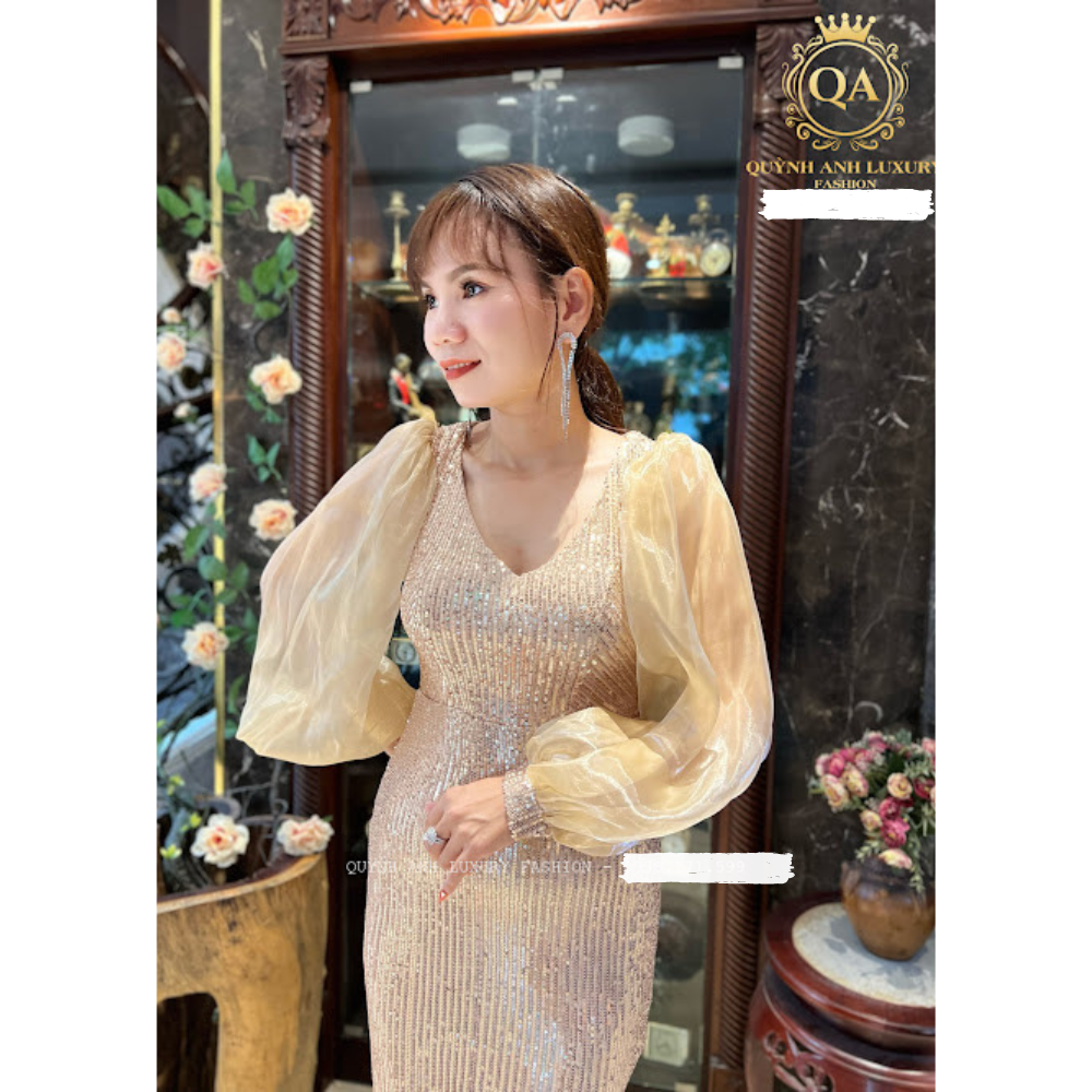 Đầm Body Kim Sa Vàng Tay Phối Lưới Cao Cấp Morela Dress