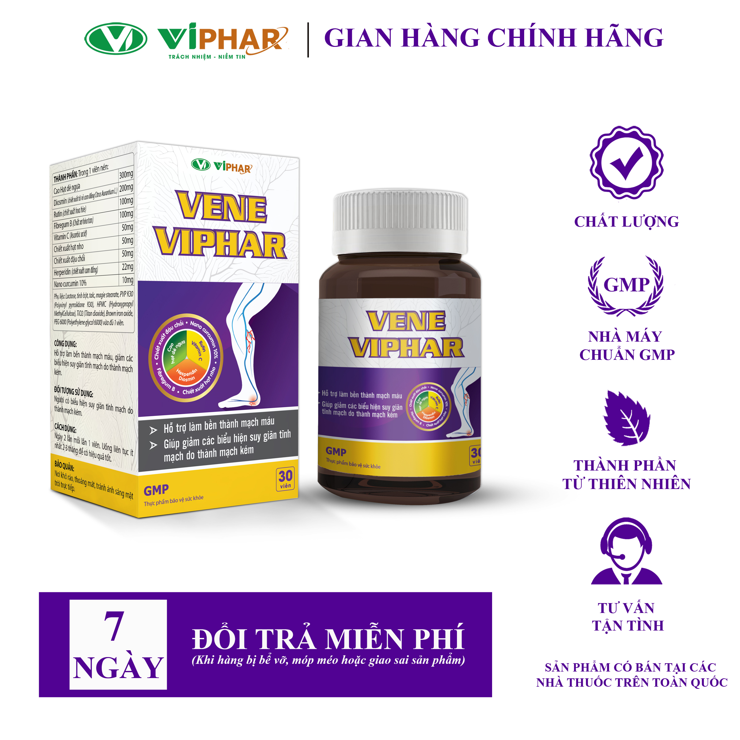 Viên Uống Giảm Tê Chân, Đau Chân, Mỏi Nặng Tức Chân, Phù Nề Chân, Loét Da Do Suy Giãn Tĩnh Mạch Chân VENE VIPHAR Hộp 30 Viên