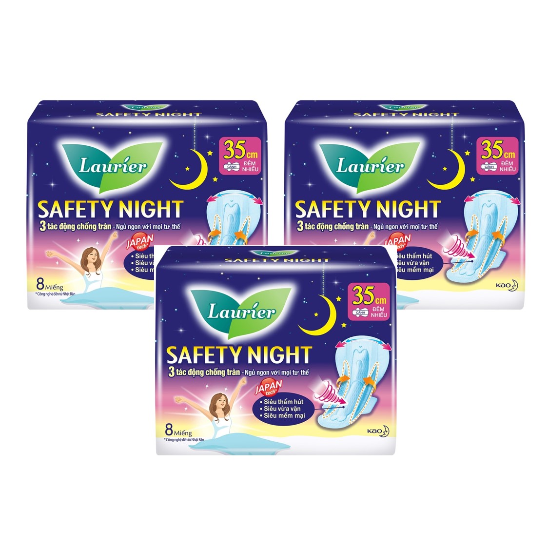 Combo 3 gói Băng Vệ Sinh Ban Đêm Laurier Safety Night chống tràn [35cm-8M]