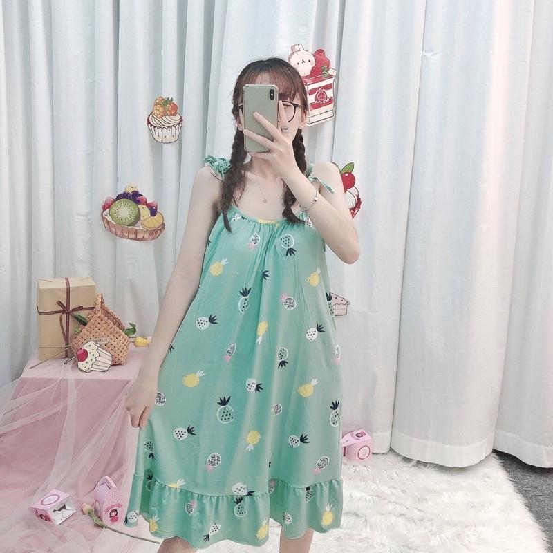 Đầm ngủ 2 dây thắt nơ vai , chất liệu thun sữa mềm mại - xinh xắn