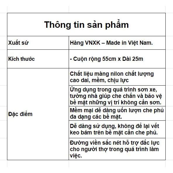 Cuộn nilon che sơn, màng che phủ bảo vệ khi phun sơn ô tô - xe máy, che nền - tường nhà kích thước 55cmx25m
