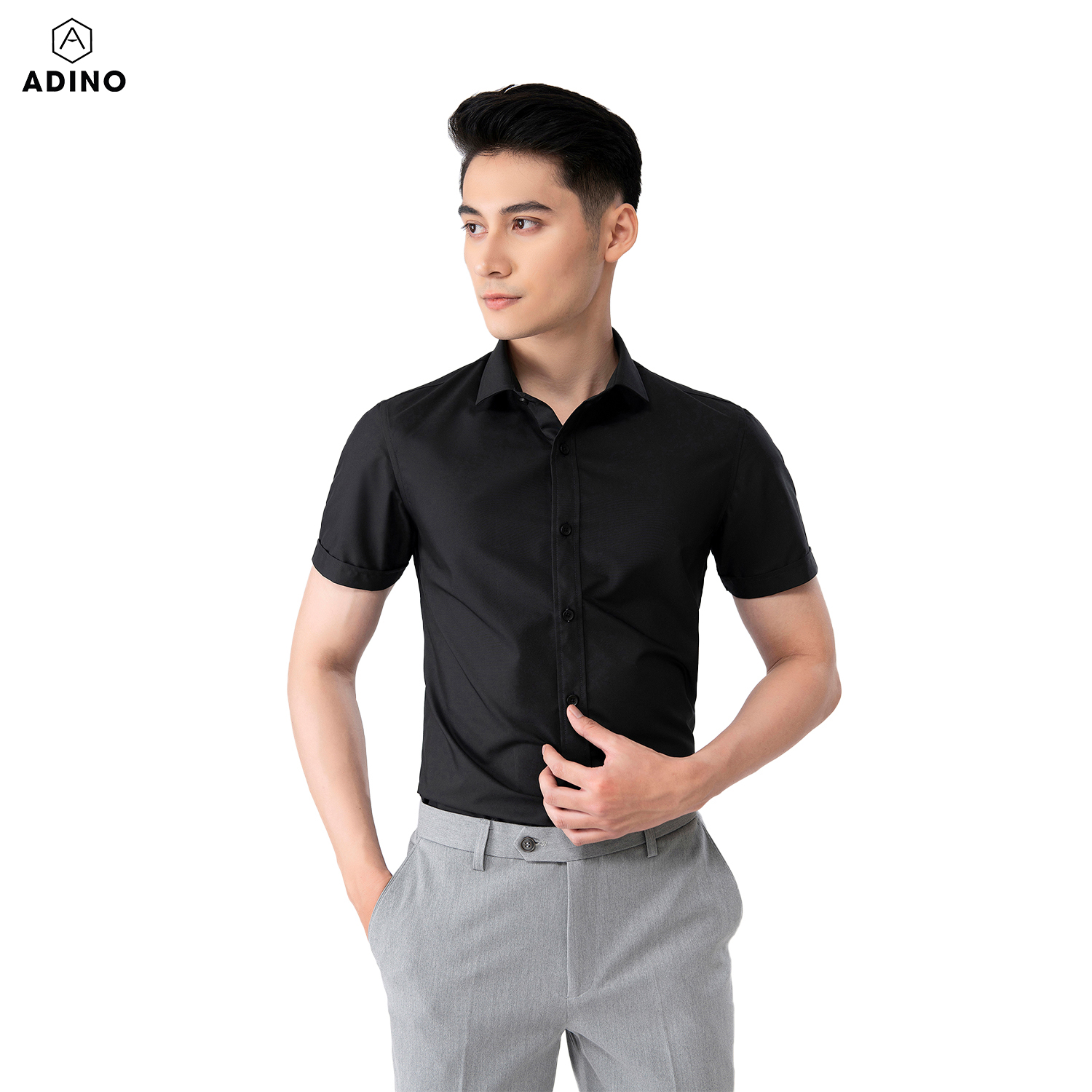 Áo sơ mi nam tay ngắn ADINO màu đen vải sợi sồi modal dáng slimfit trẻ trung CT103