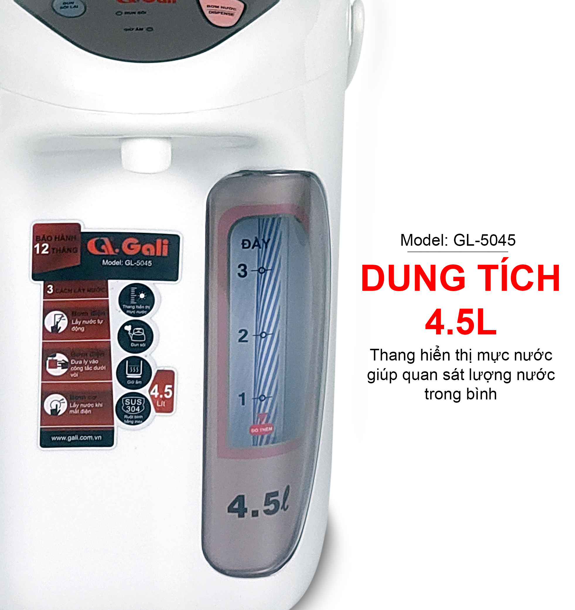 Bình thủy điện Gali GL-5045 dung tích 4.5 lít, phích cấu tạo 2 lớp thân ngoài nhựa, ruột inox 304, hàng chính hãng 100% Gali, bảo hành 24 tháng