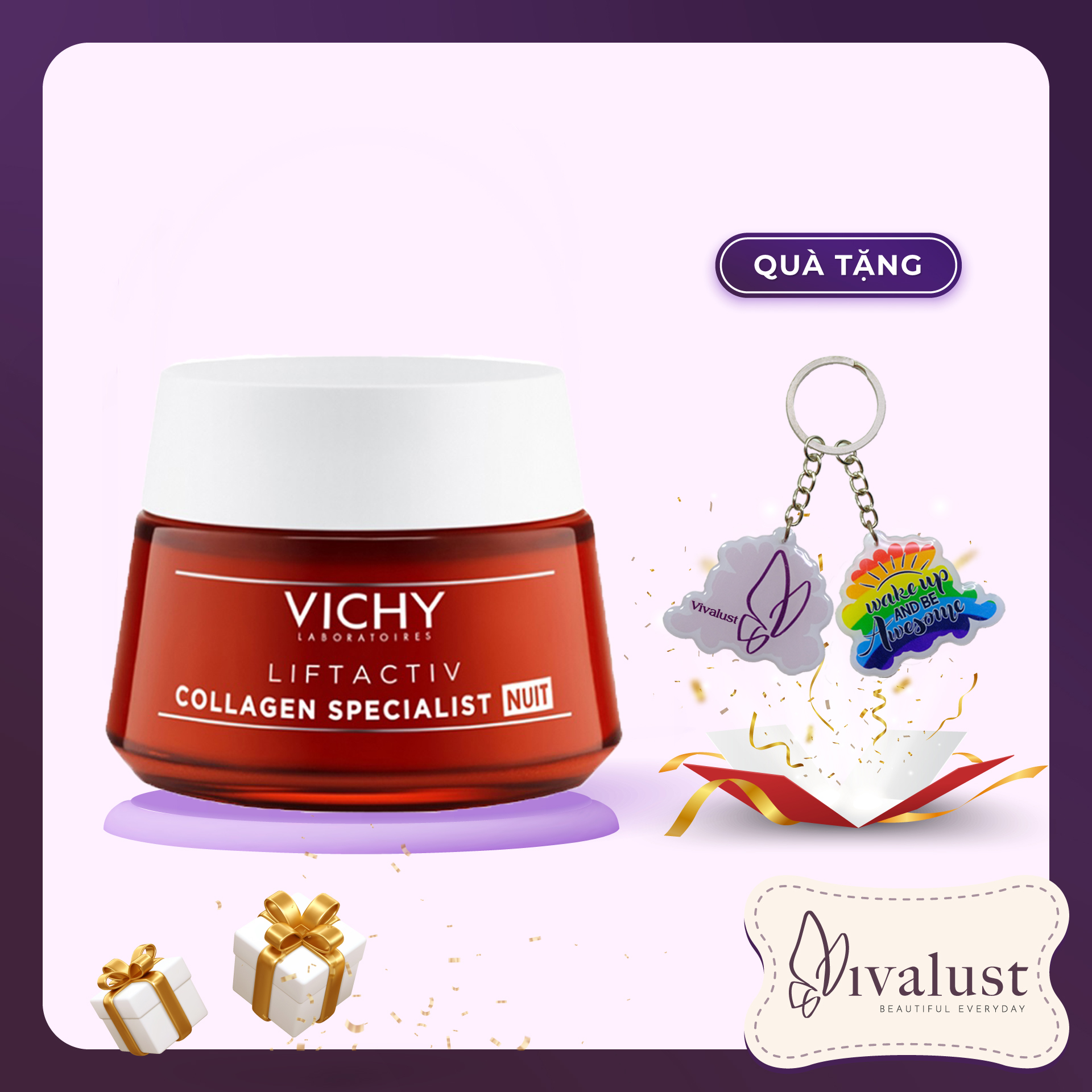 Kem dưỡng giúp sáng da, mờ thâm nám ban đêm Vichy LIFTACTIV COLLAGEN SPECIALIST NIGHT (50ml)  + Tặng Móc Khóa