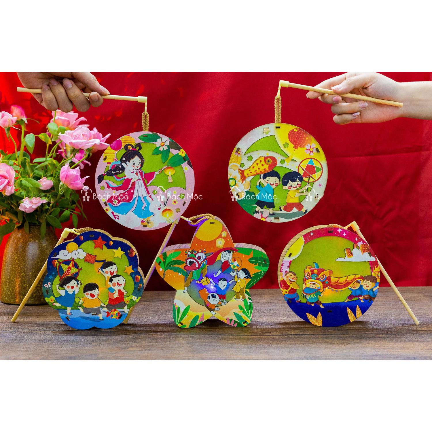 Lồng Đèn Trung Thu Gỗ 2 Mặt Màu - Bách Mộc - Lân Sao