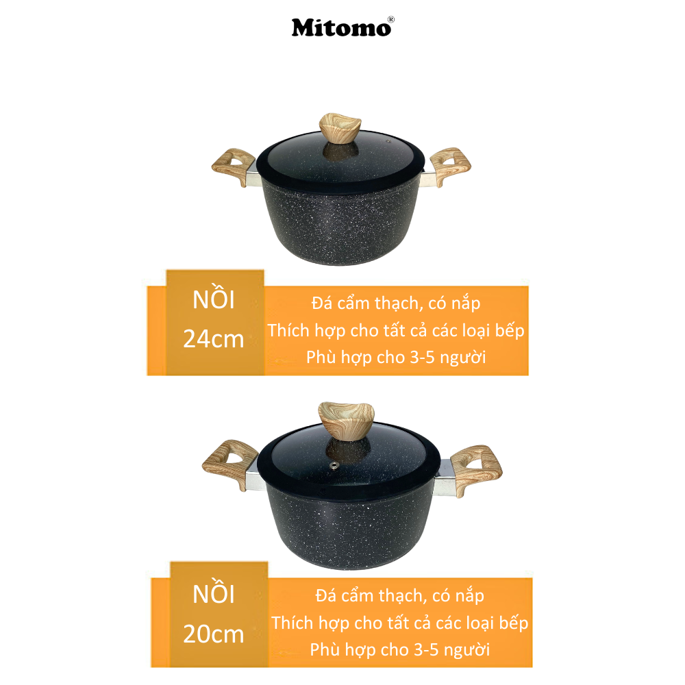 Bộ nồi chảo vân đá 6 món chống dính cao cấp Mitomo Queen Time, dùng cho bếp từ, bếp ga - Hàng chính hãng