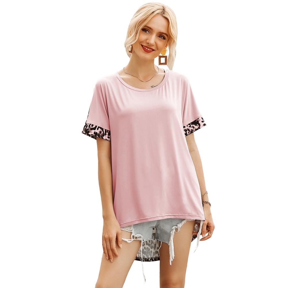 Fashion Women Summer T-Shirt Leopard Print Spliced O Neck Short Sleeve Casual Top Blouse