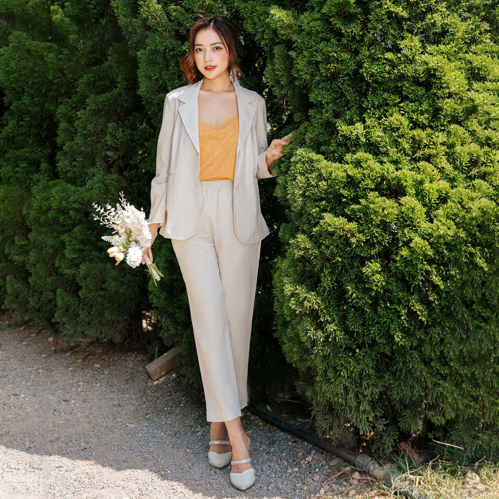 Áo vest blazer nữ suông nhẹ cao cấp Đũi Việt màu be muối tiêu vintage, chất vải linen mịn thoáng,phong cách thời trang công sở DV08