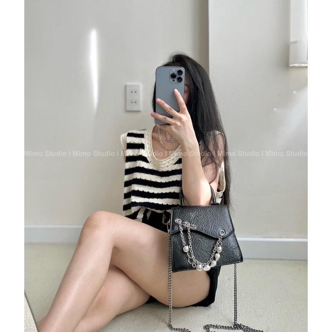Len sọc trắng đen - Short đen ống rộng kèm belt
