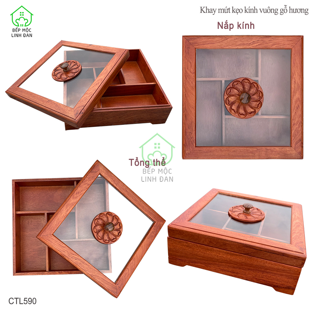 Khay gỗ Hương đựng bánh kẹo, mứt Tết - Hình vuông nắp kính cỡ lớn, mẫu mới nhất - CTL590