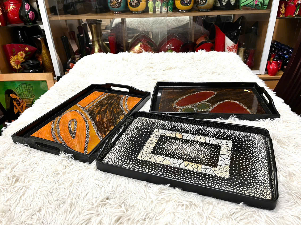 Khay sơn mài cao cấp - Mã KC24 size 38 x 24.7 x 2.5 cm khảm trứng, xà cừ đẹp mắt, sang trọng,..