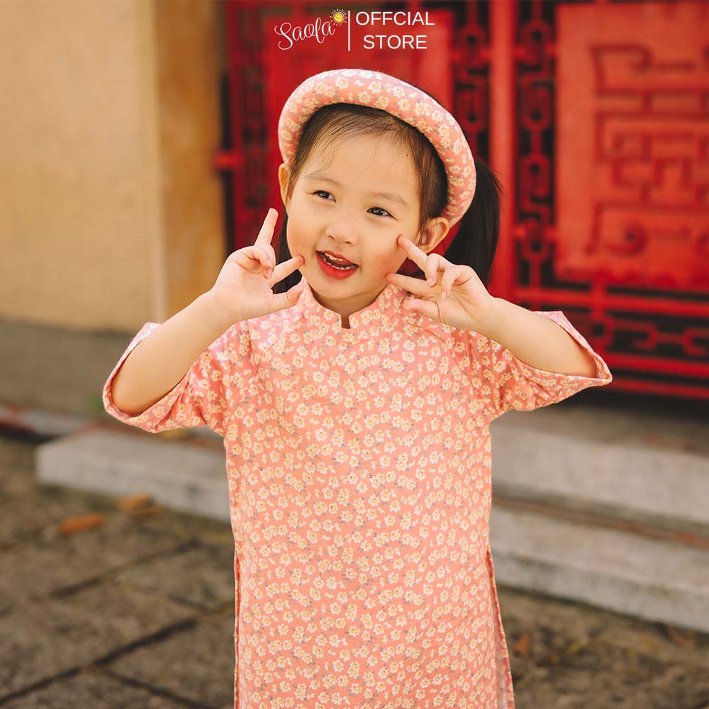 Áo Dài Tết Cách Tân Cho Bé Gái Hoạ Tiết Hoa Nhí [Tặng Kèm Mấn] - Áo Dài &quot;Bình&quot; - AD005 - SAOLA KIDS CLOTHING