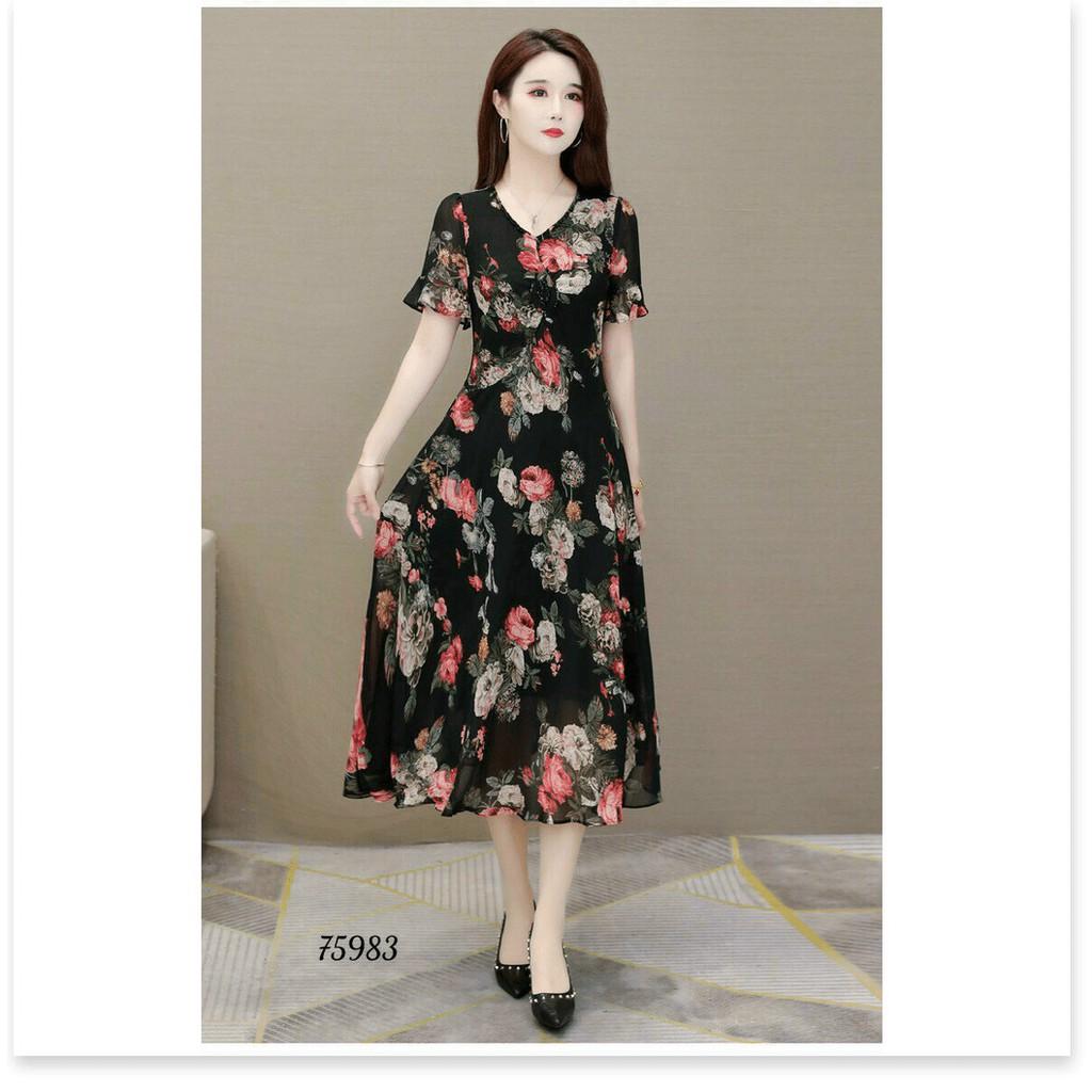 ĐẦM LỤA DÁNG XÒE HỌA TIẾT HOA VÔ CÙNG XINH THỜI TRANG MỚI KME