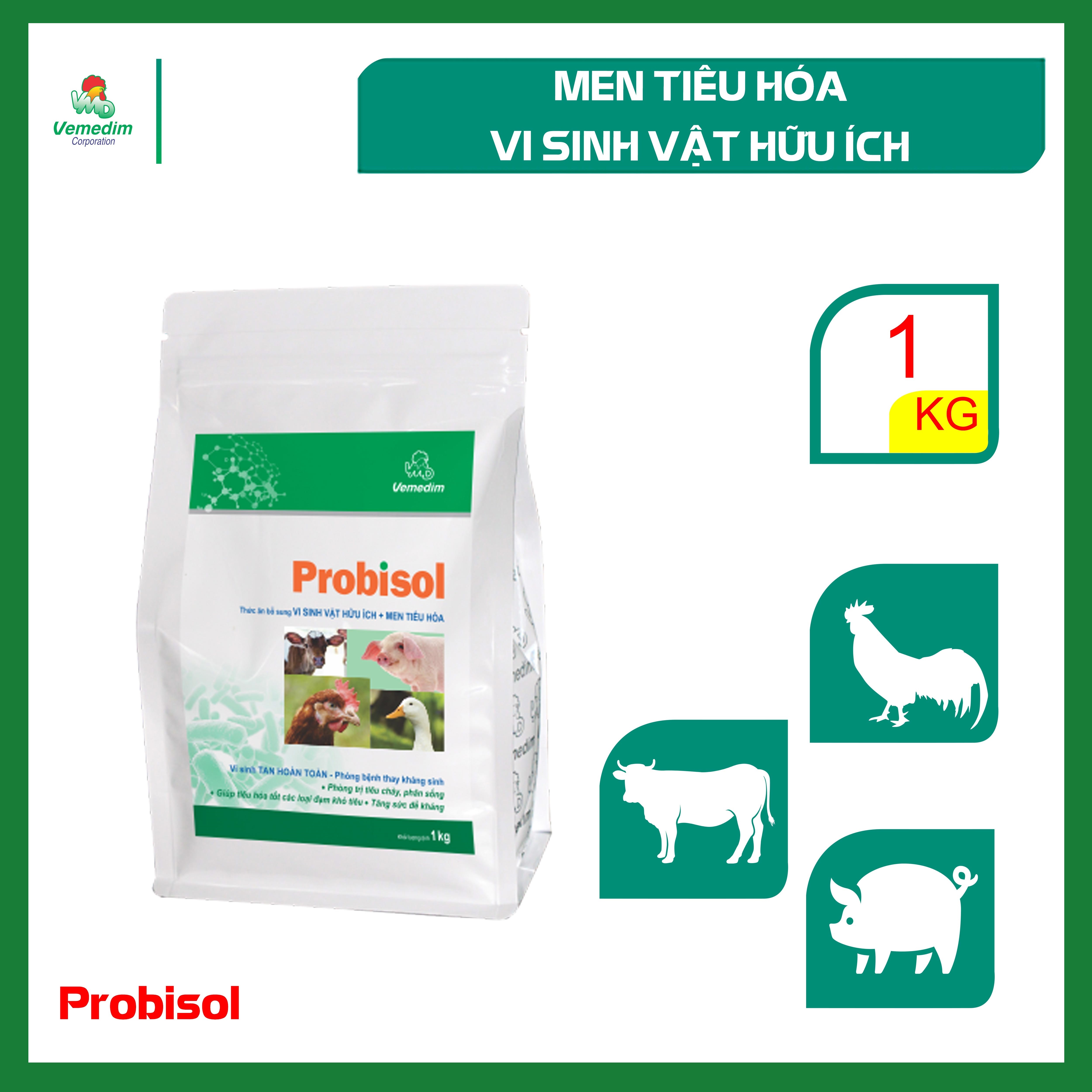 Probisol - Men tiêu hóa, Vi sinh vật hữu ích cho gia súc gia cầm, Kích thích tiêu hóa, tăng sức đề kháng, gói 1kg, sản phẩm Vemedim