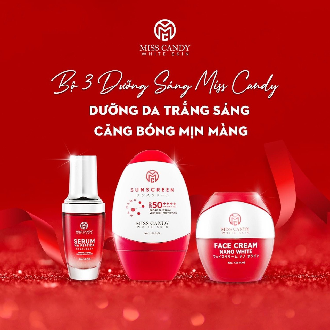 Bộ 3 Sản Phẩm Dưỡng Trắng Da Mờ Thâm, Sạm, Nám, Tàn Nhang MISS CANDY Giúp Tái Sinh Làn Da Gồm: Serum HA Peptide 30ml + Kem Dưỡng Trắng Da Face Nano 30g + Kem Chống Nắng Dưỡng Trắng Da 50g - Gia Tuệ House