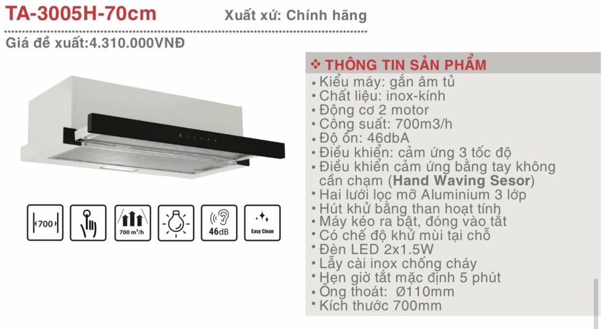 Máy Hút Mùi LORCA TA 3005H 70cm Hàng Nhập Khẩu Chính Hãng Cao Cấp, Giảm Tiếng Ồn, Công Suất Lớn, Bền Bỉ, Hoạt Động Êm Ái