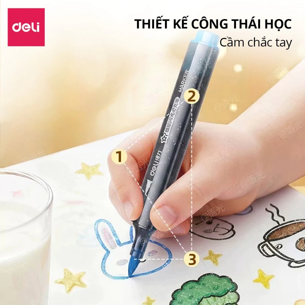 [SALE 39K] Bút Marker Nhũ Kim Tuyến 1 Đầu 12/24/36/48 Màu Deli Mềm Ngòi Nhũ Sáng Màu Vẽ Anime, Bullet Journal