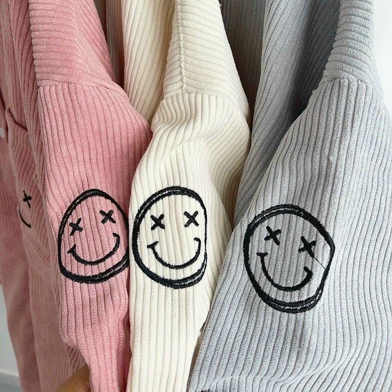 ÁO KHOÁC SƠMI NHUNG OVERSIZE THÊU ICON MẶT CƯỜI UNISEX FROM RỘNG UZZLANG