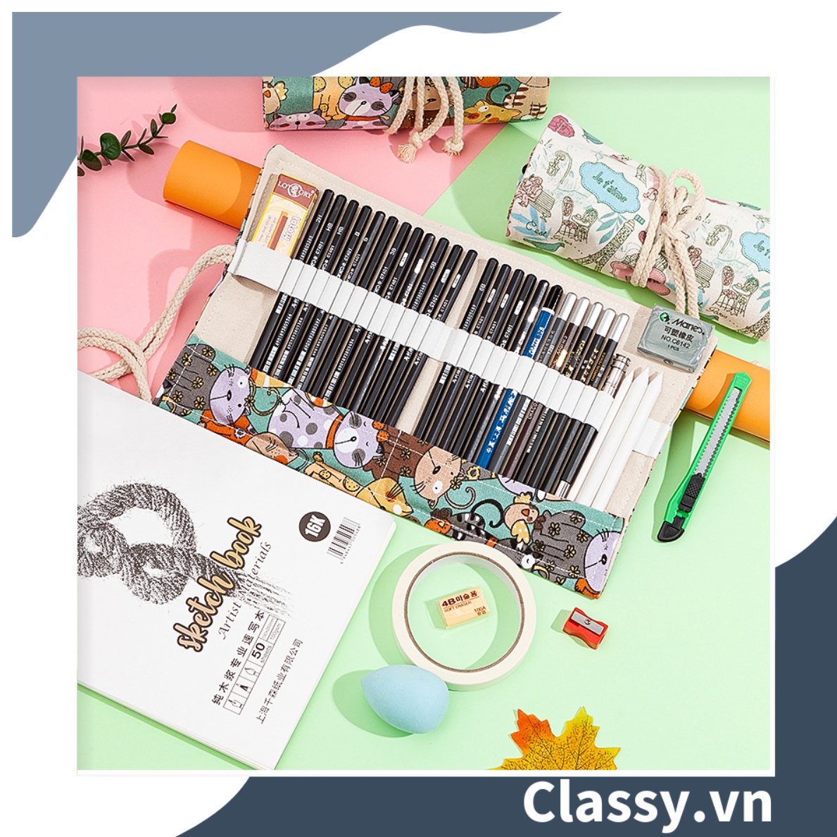 Túi đựng bút dạng cuộn vải cotton, phong cách vintage hình mèo PK617