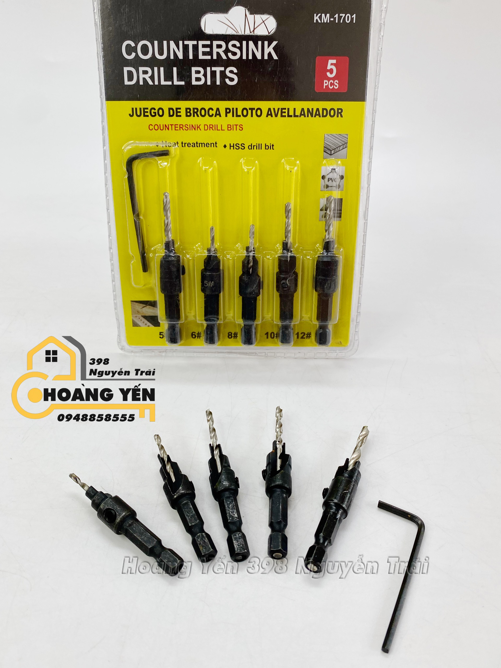 Bộ 5 mũi khoan 2 tầng chỉnh cữ bắt âm mũi vít 5 chi tiết KM-1701 Bộ 5 đầu khoan vít titanium có cán hex cho công cụ điện làm gỗ