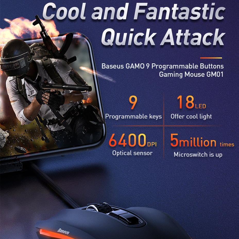 Chuột Gaming siêu nhạy chuyên dụng cho game thủ hiệu Baseus Gamo GM01 (DPI khủng 6400, độ bền cao 5 triệu lần bấm, 9 phím điều hướng kèm theo, đèn led đổi màu 18 màu) - Hàng nhập khẩu