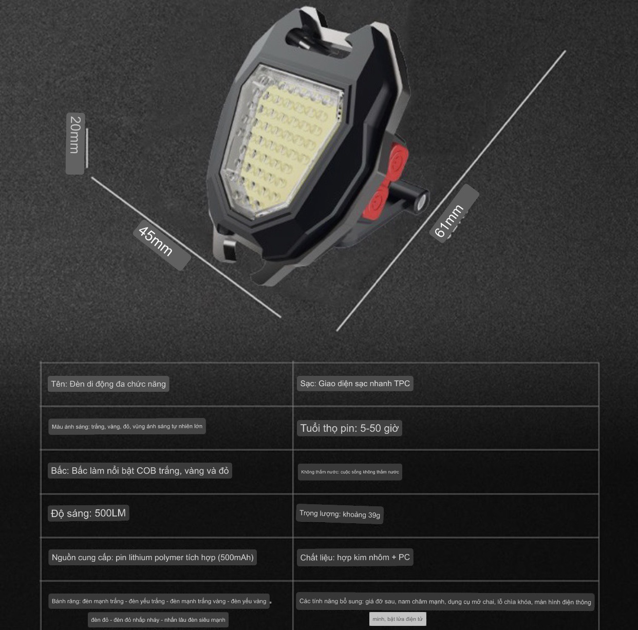 Đèn LED mini móc khóa 5 in 1 TiMa.lala - đèn pin COB - đèn pin dã ngoại - sạc USB tiện dụng kèm dây sạc - Hàng chính hãng