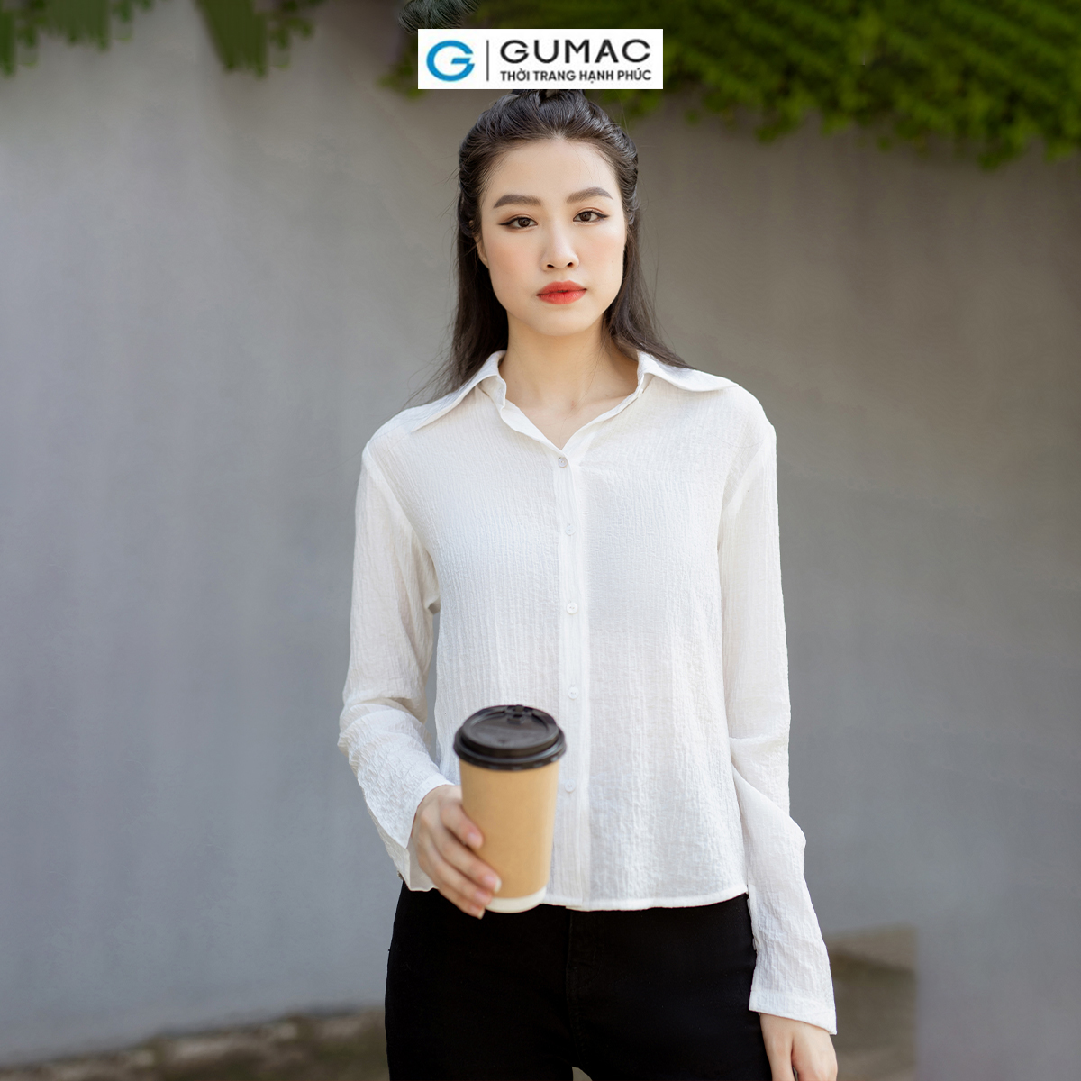 Áo sơ mi nữ tay dài không nhăn kiểu nhún eo thanh lịch thời trang GUMAC AD07019