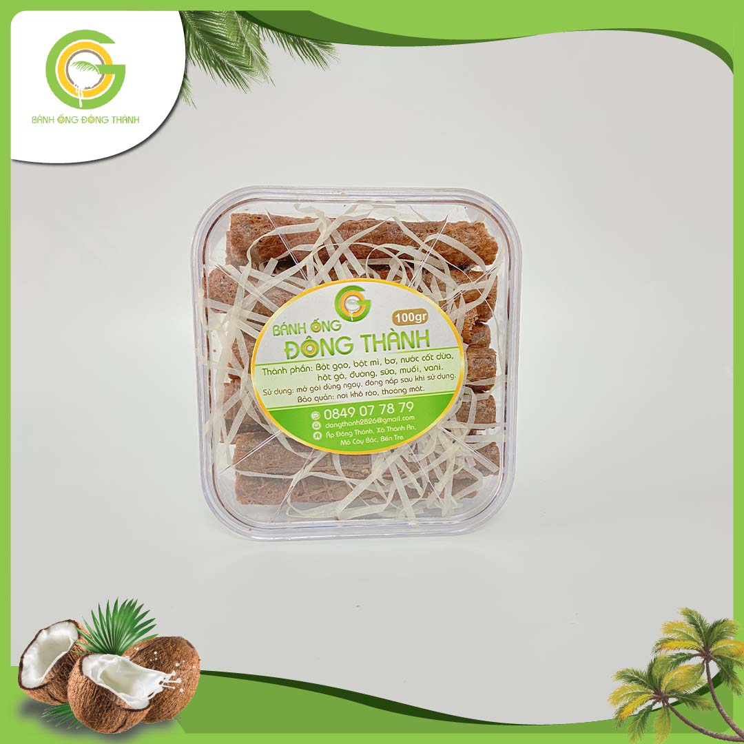 Bánh ống Đông Thành thơm ngon hộp vuông - Bánh ống xứ dừa - Đặc sản Bến Tre hộp vuông