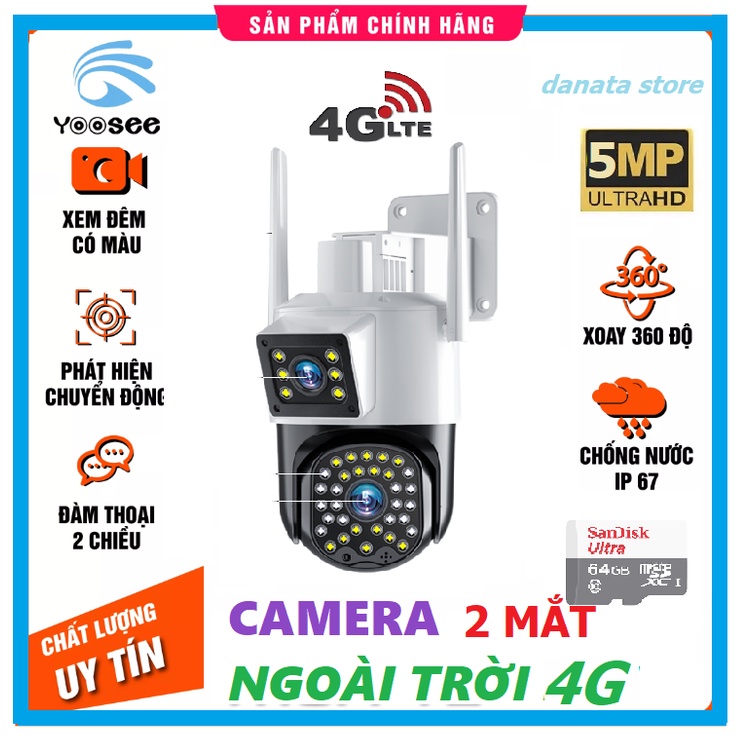 Camera 4G Yoosee 2 MẮT XEM 2 MÀN HÌNH 5.0MPX xoay 360 độ, xem đêm có màu, hỗ trợ đàm thoại 2 chiều - hàng chính hãng