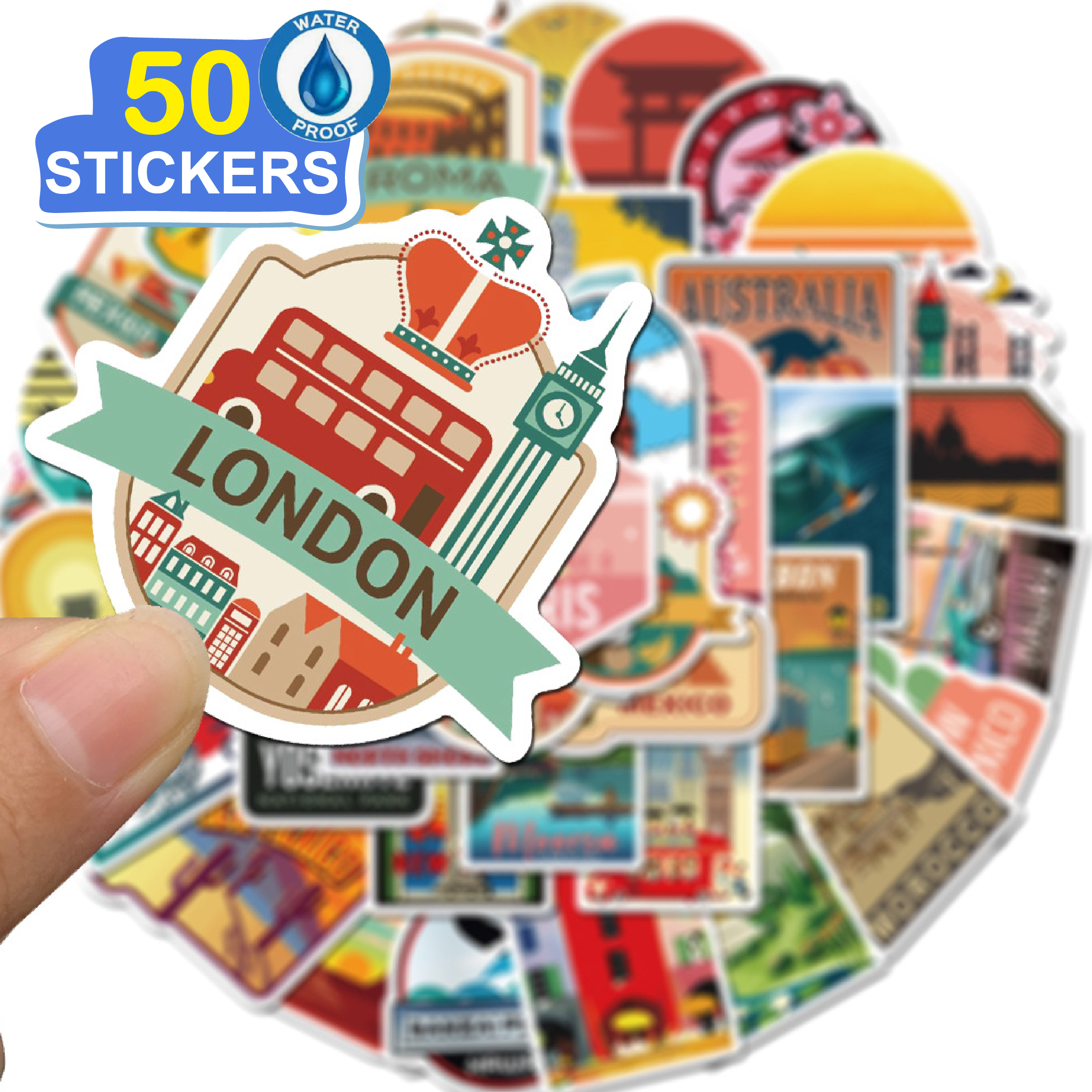 50 Stickers Vintage Travel Label trang trí laptop, điện thoại, ipad, cốc nước, sổ tay, vali du lịch, scooter, ván trược - Chống thấm nước - FiDi